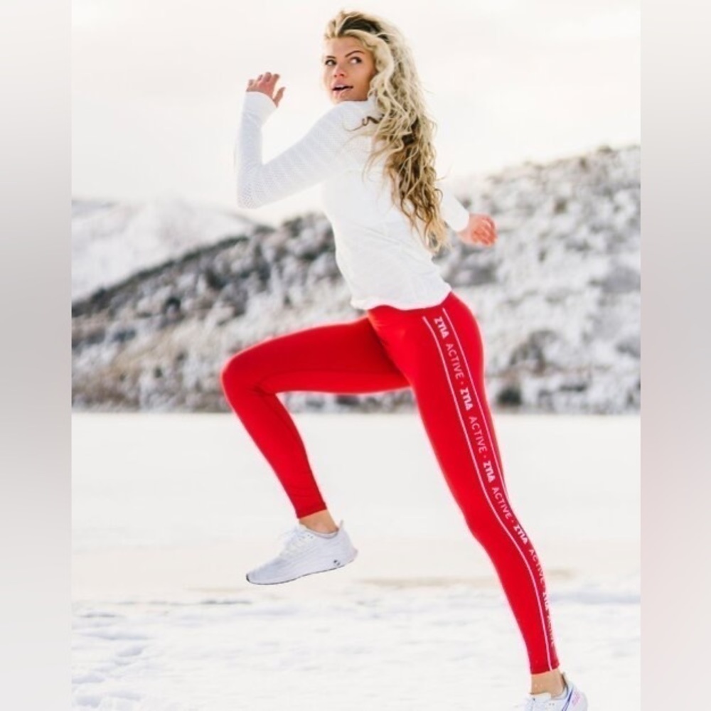 ZYIA Logo Stripe Light N Tight Hi-Rise Leggings, Red, Size 8-10